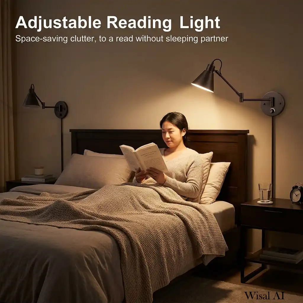 Adjustable bedside reading sconces mounted above floating nightstands.