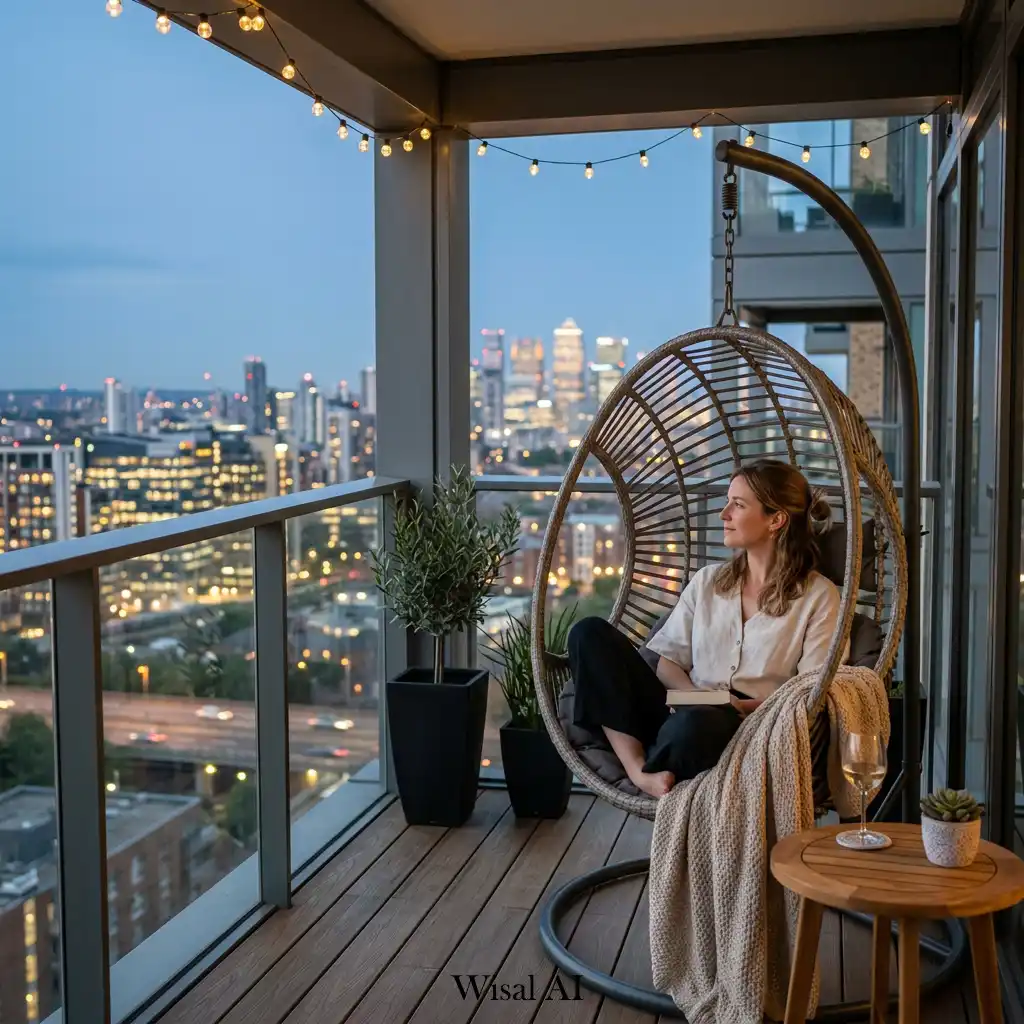 Stylish balcony with hanging chairs positioned toward city views