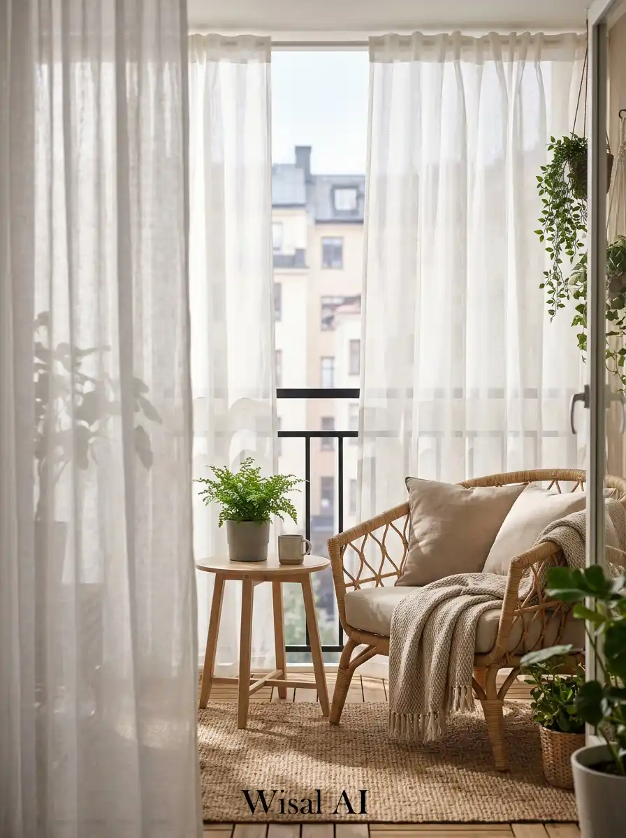 Elegant balcony with flowing sheer curtains and soft warm lighting for privacy and comfort.