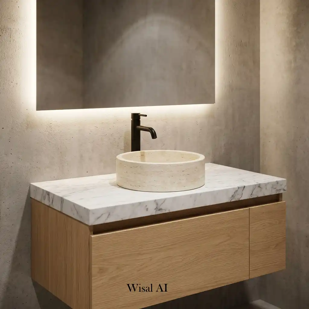 Luxury bathroom vanity with sculptural vessel sinks on a stone countertop.