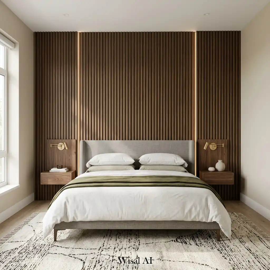 Bedroom featuring a full accent wall covered in decorative paneling.