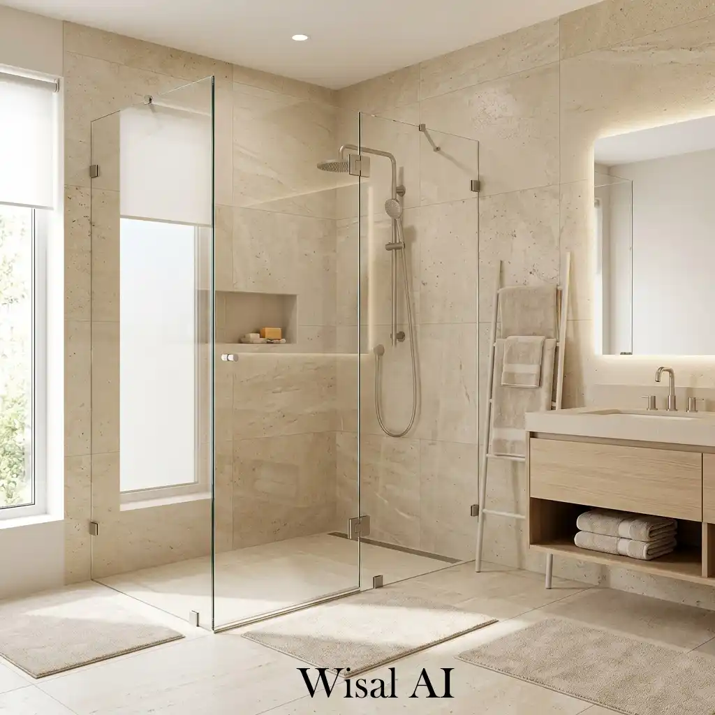 Glass shower enclosure in elegant beige bathroom space
