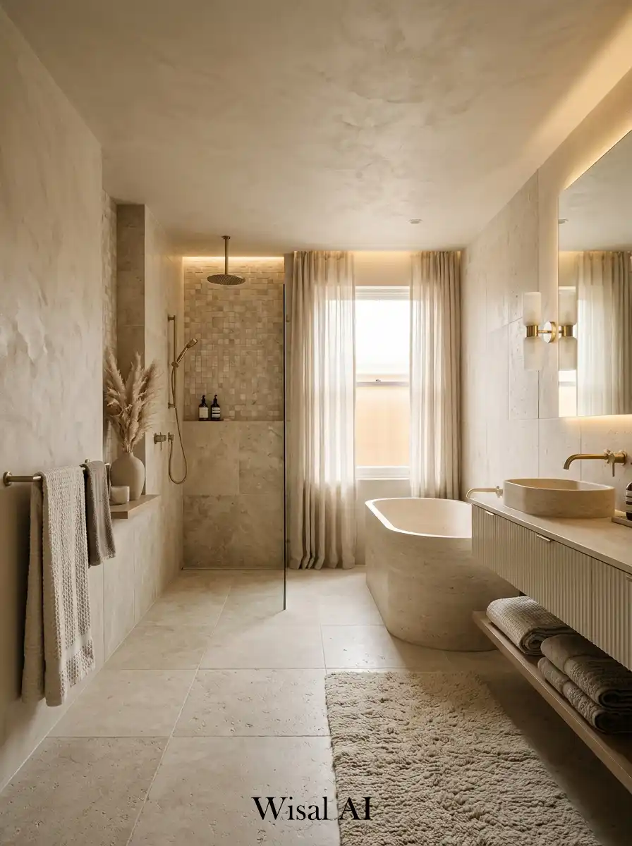 Luxury bathroom with layered beige tones and soft matte neutral textures.
