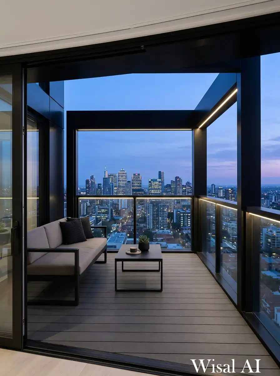Sleek black balcony with glass railings emphasizing openness and unobstructed skyline views.