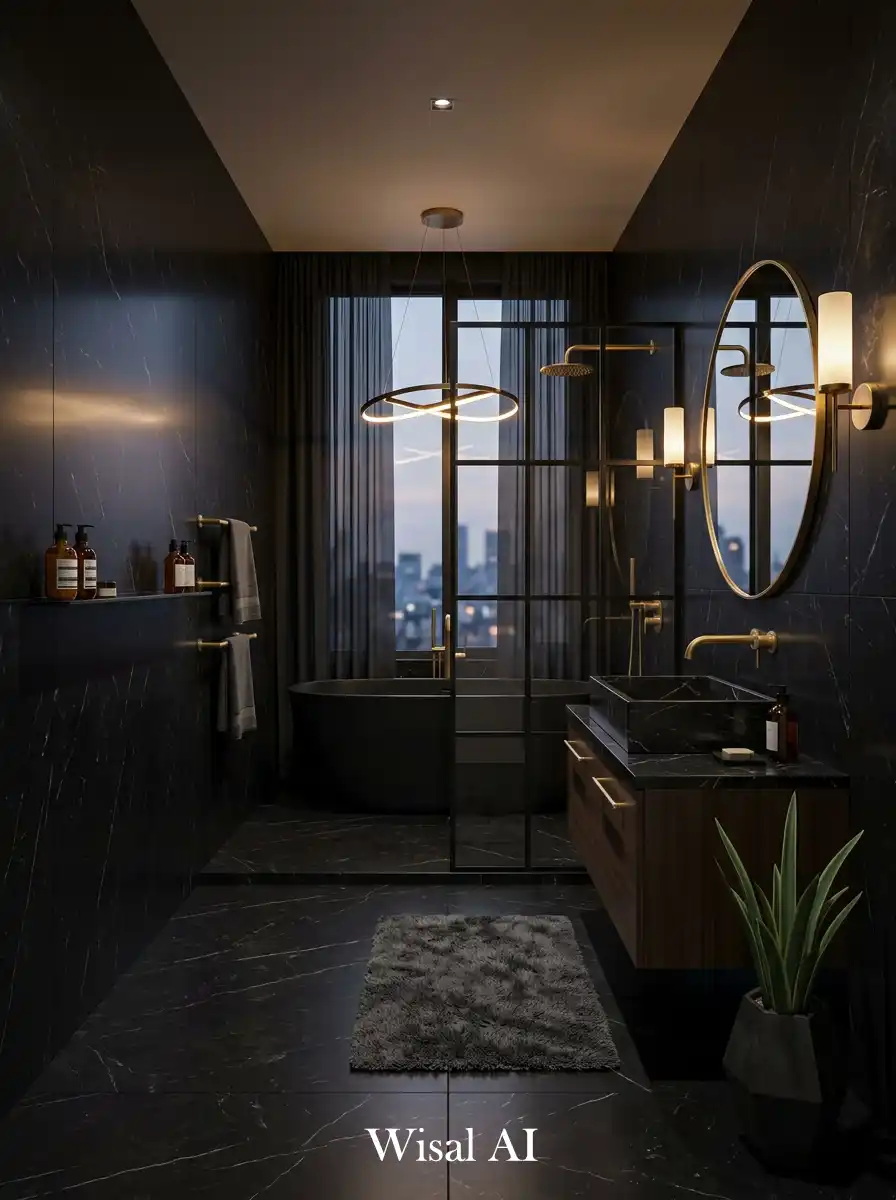 High-end bathroom with black marble surfaces and gold accents for luxury hotel style.