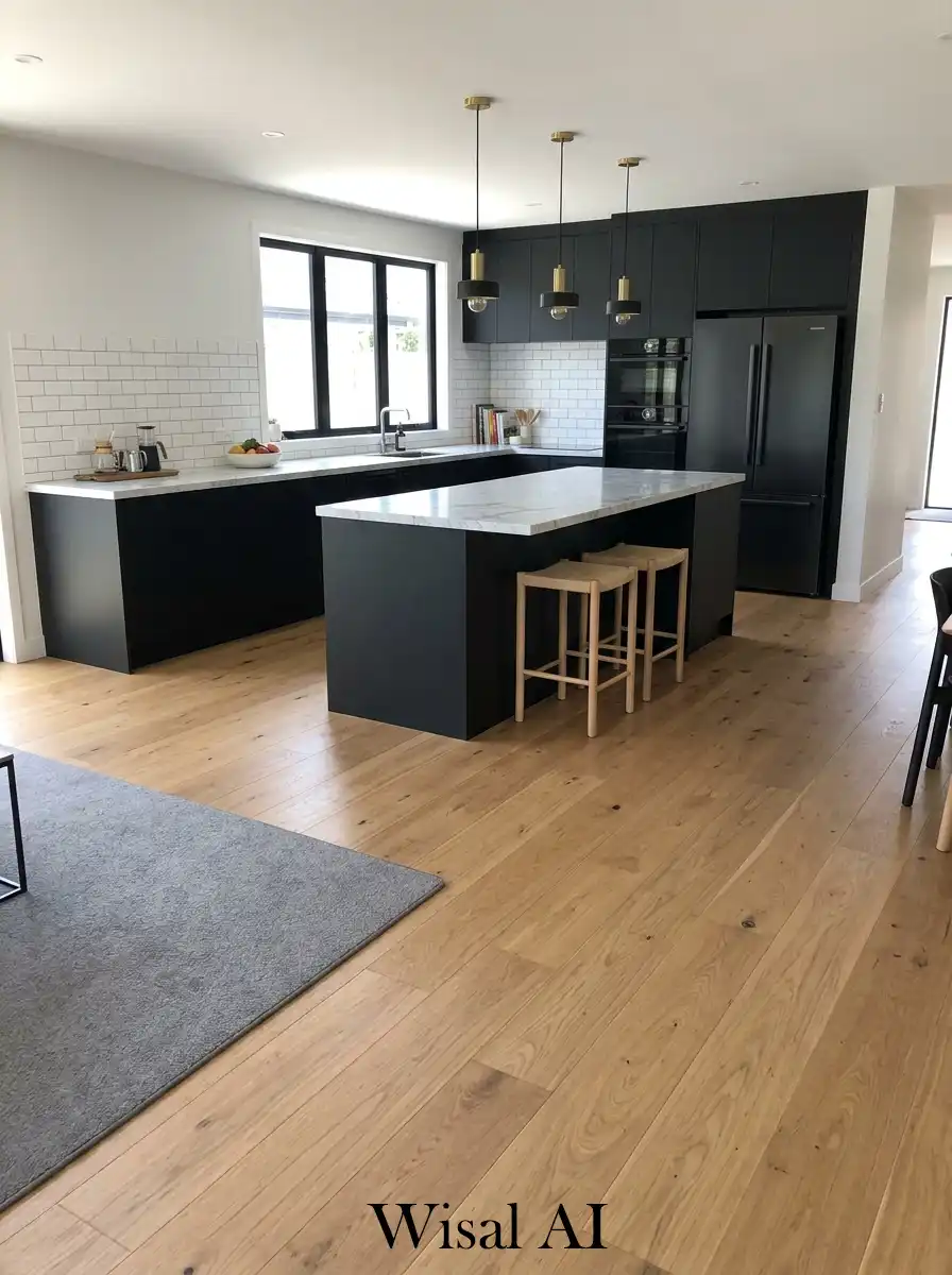 Stylish kitchen with black cabinetry light oak flooring and warm balanced modern interior design.