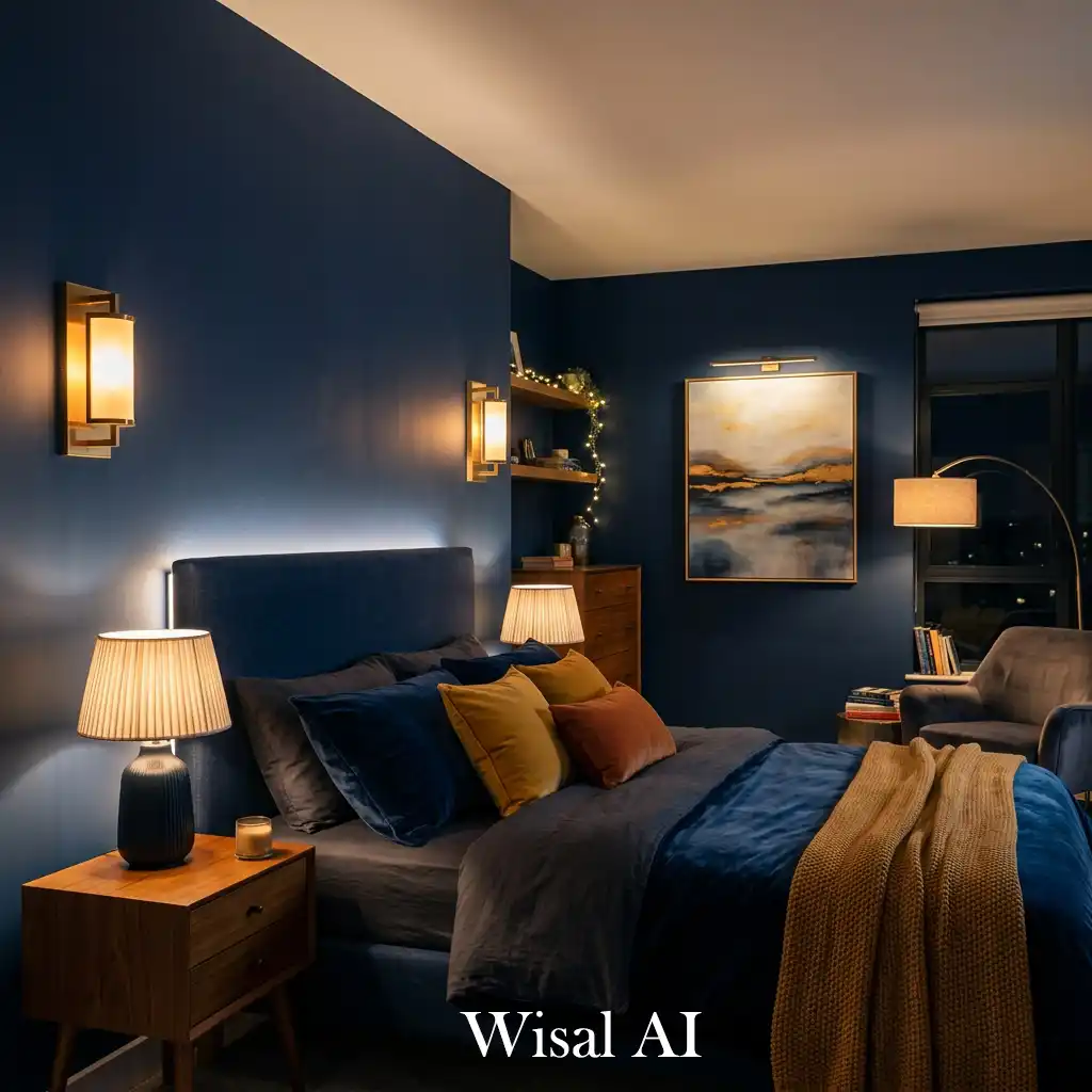 Scandinavian blue bedroom with minimal warm aesthetic