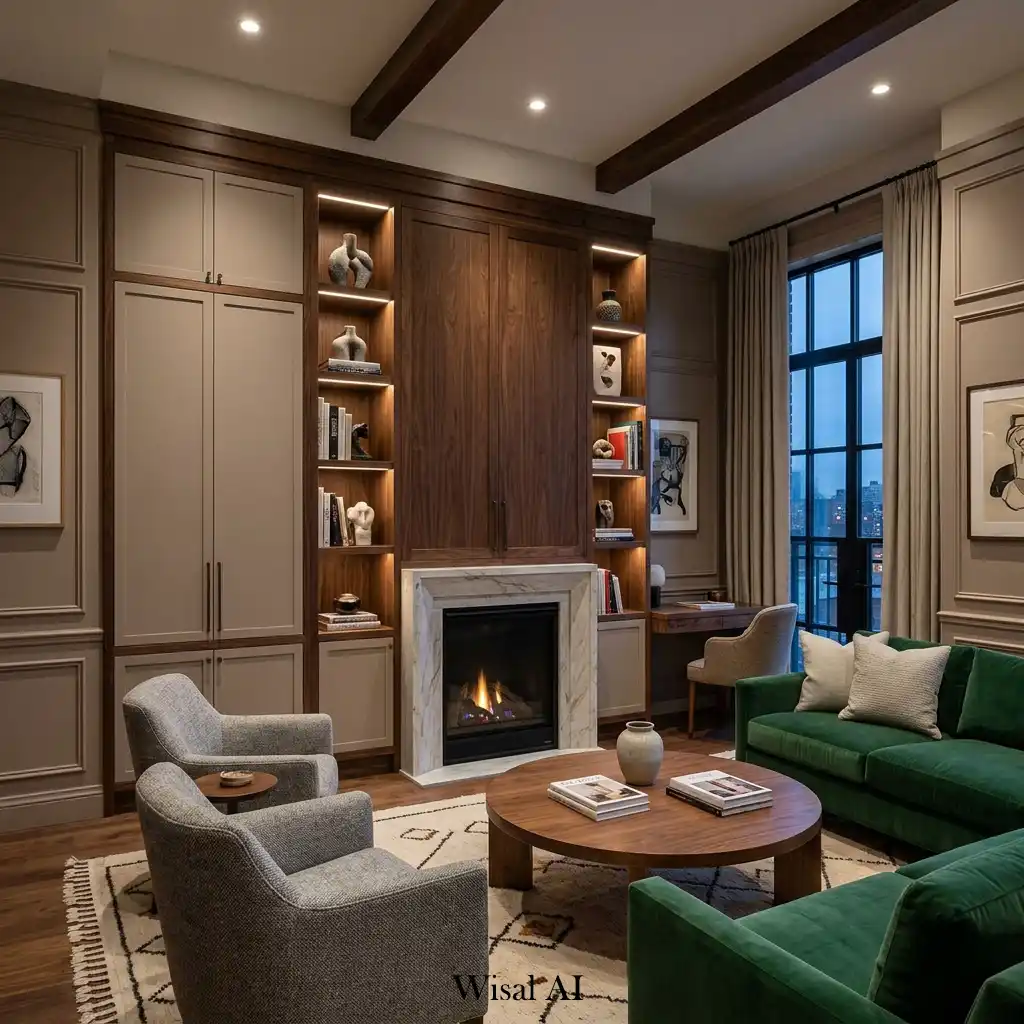 Designer living room showcasing custom millwork and built-in architectural details