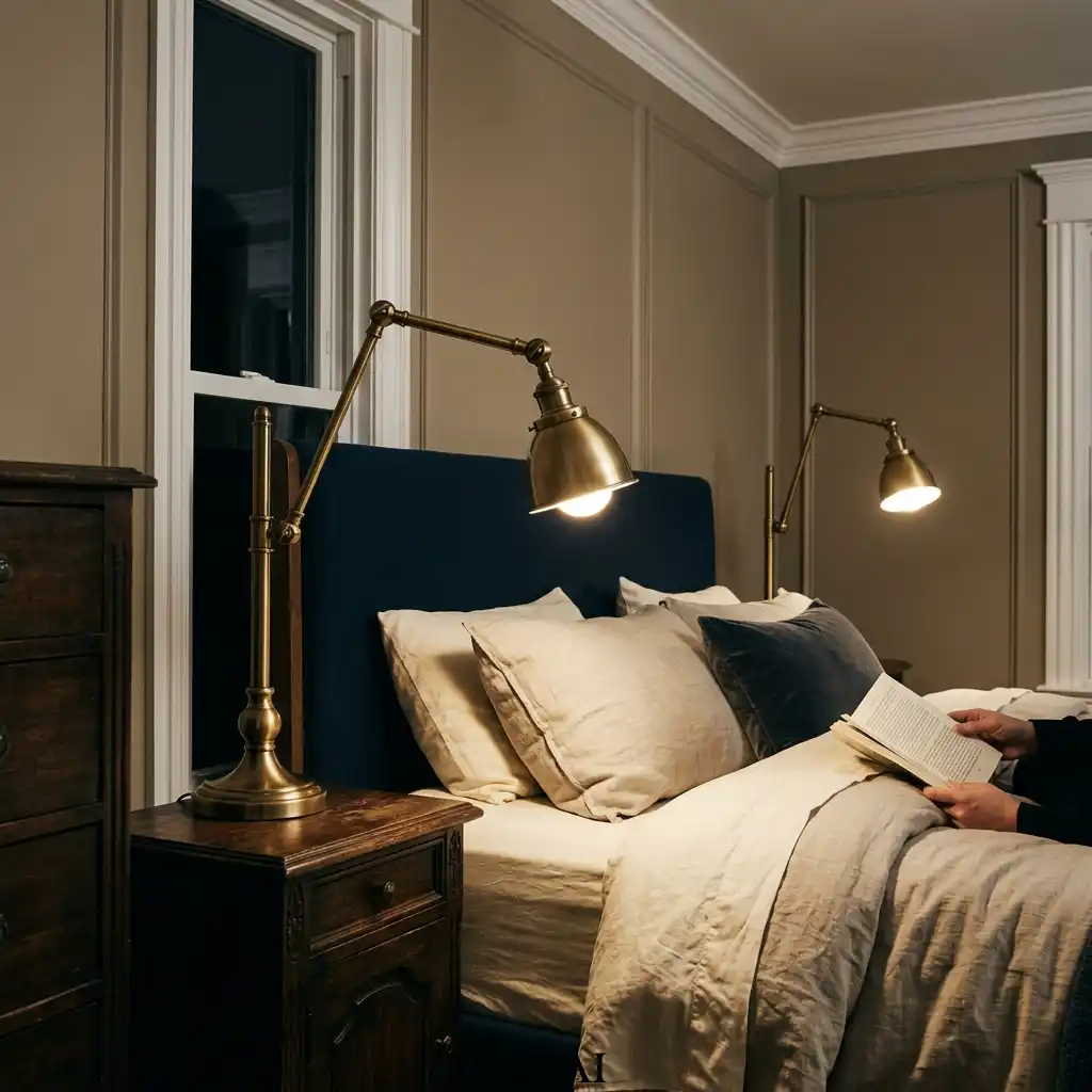 Brass reading lamps on classic bedside tables