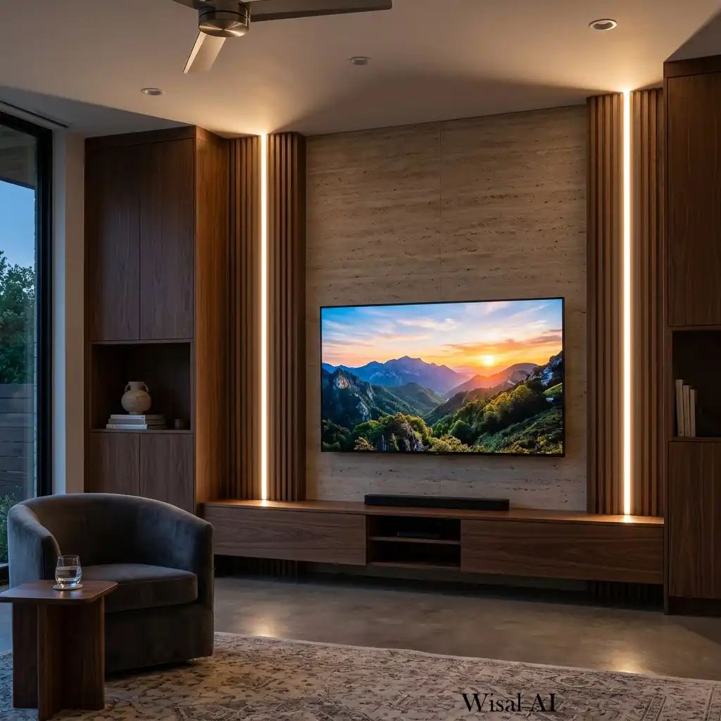 Built-in TV wall featuring vertical LED light strips and wood panels.