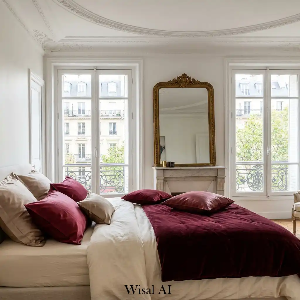 Parisian chic burgundy bedroom with wall molding and classic elegance