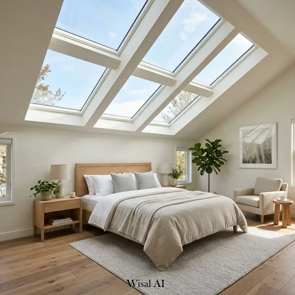 Bright bedroom with oversized skylights flooding the ceiling with natural daylight.