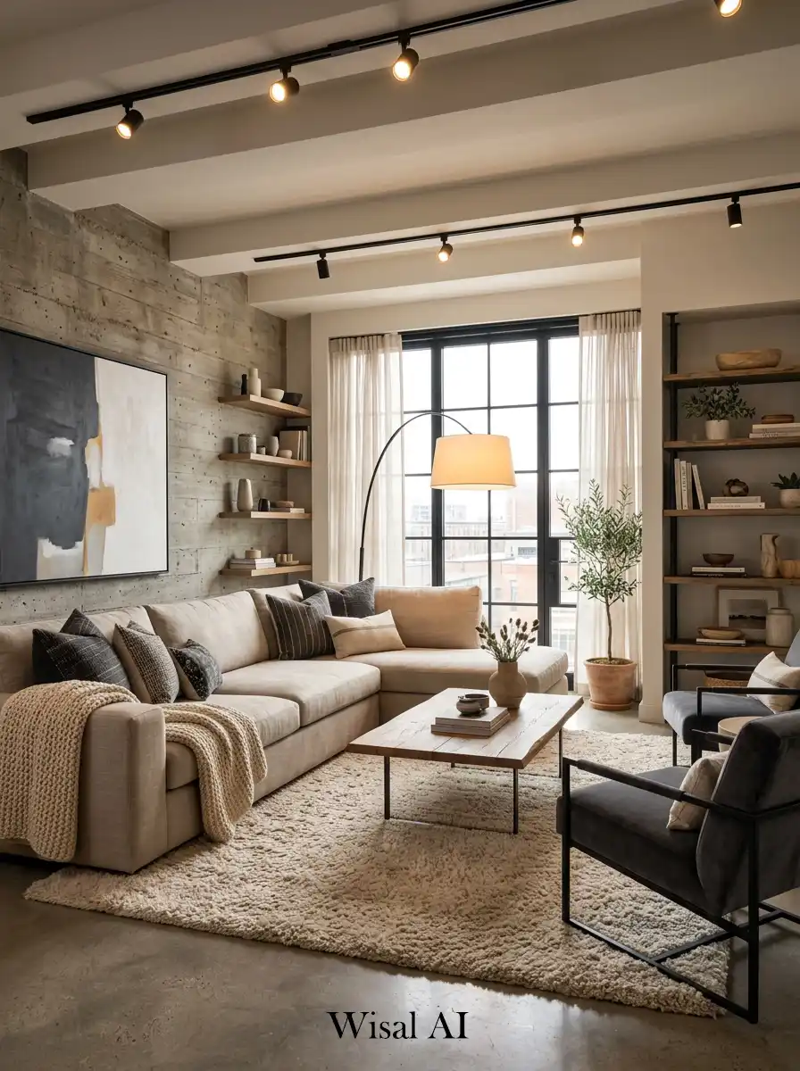 Stylish living room with beige curtains charcoal furniture and balanced modern luxury interior lighting.