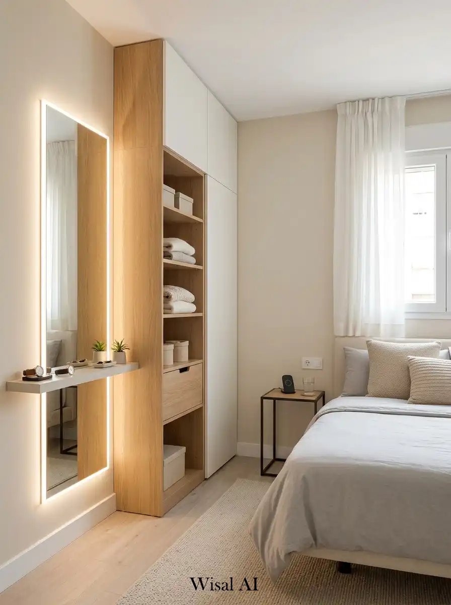 Small bedroom with compact dressing area and smart organization.