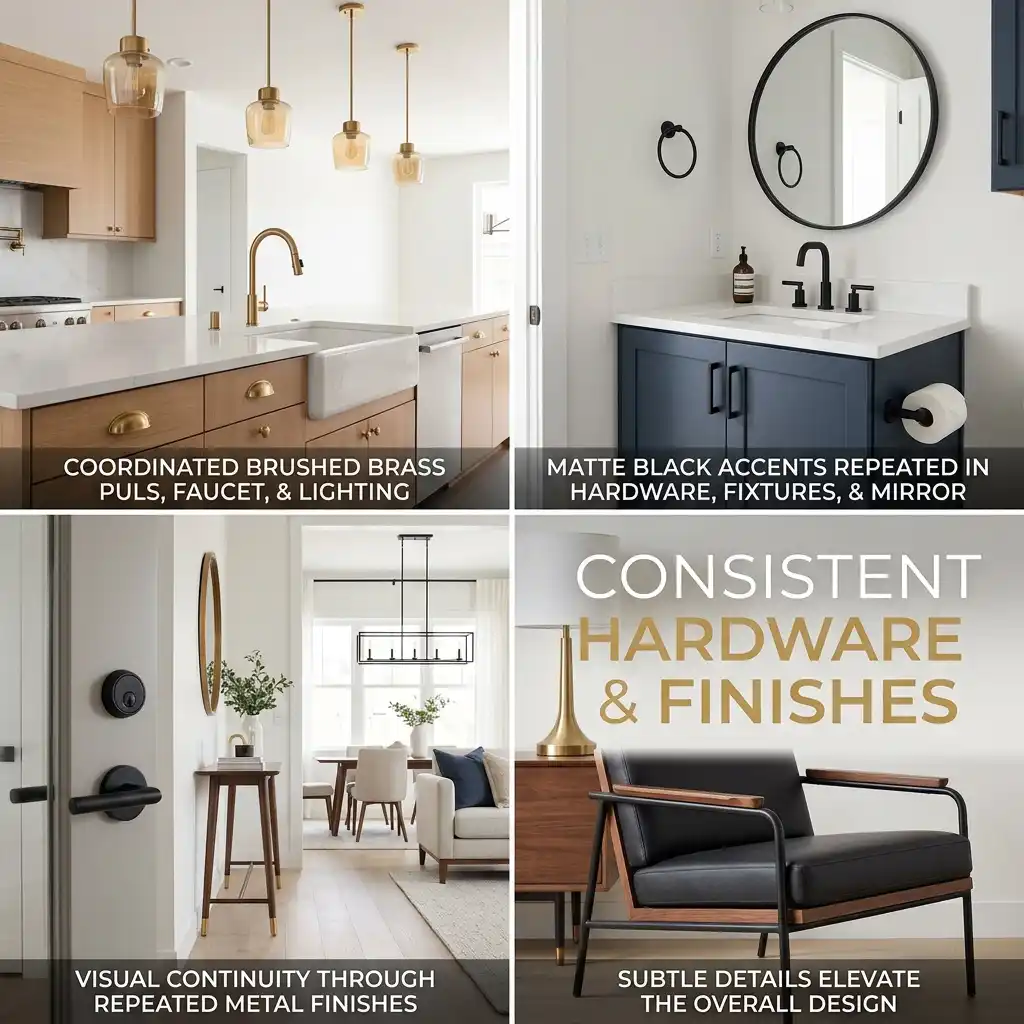 Elegant kitchen and bathroom showcasing coordinated brushed brass hardware and premium finishes.