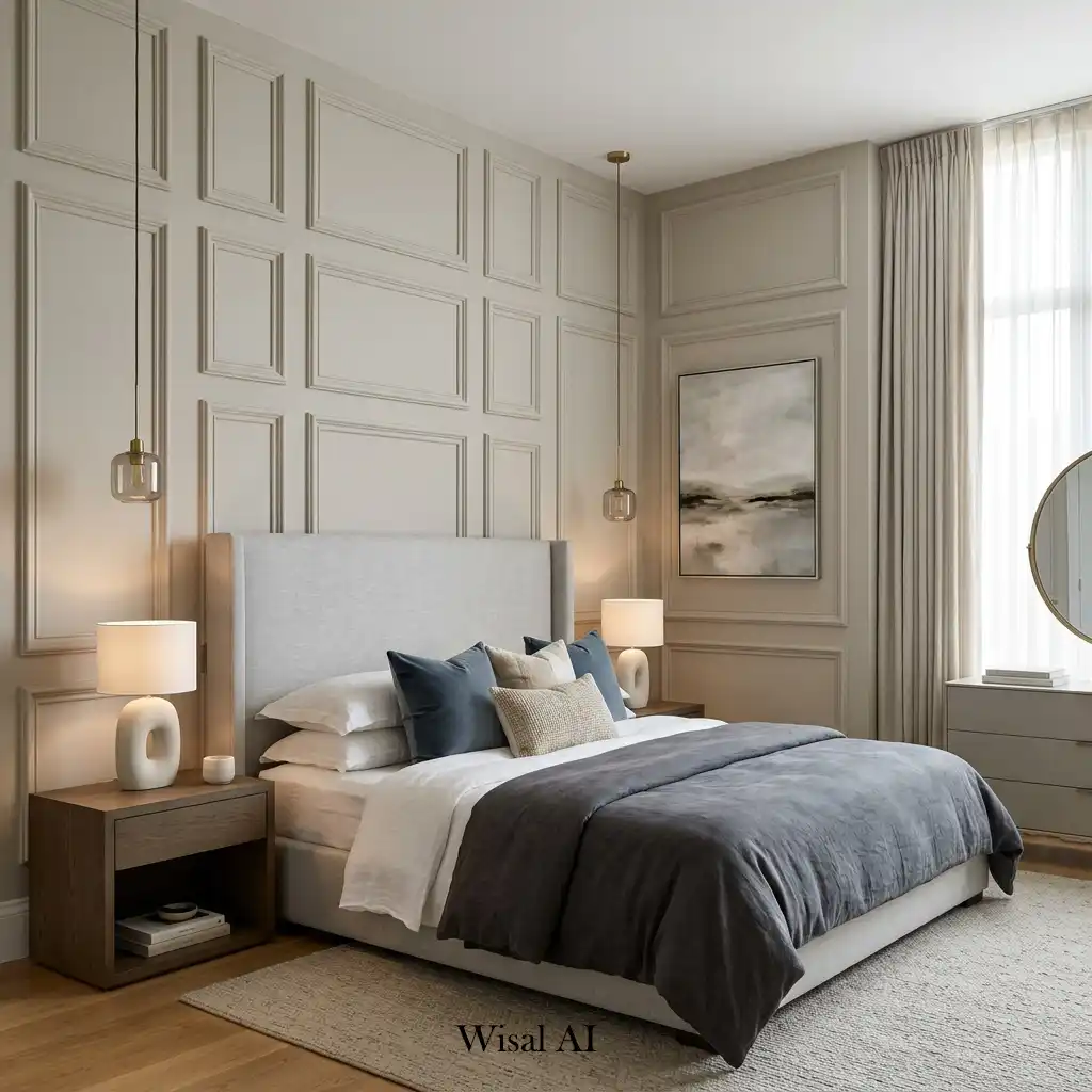 High-end bedroom featuring custom wall molding and architectural detailing