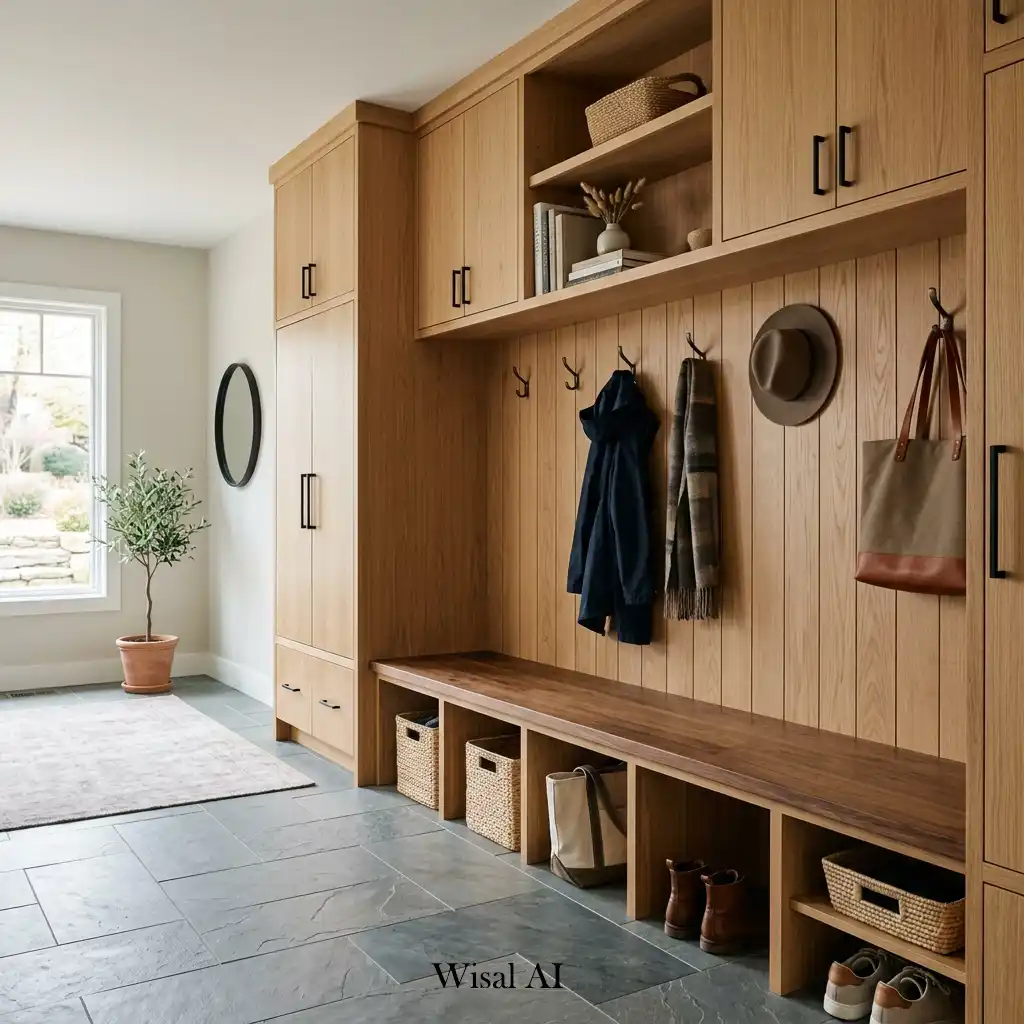 Contemporary mudroom showcasing natural wood cabinetry and modern storage features