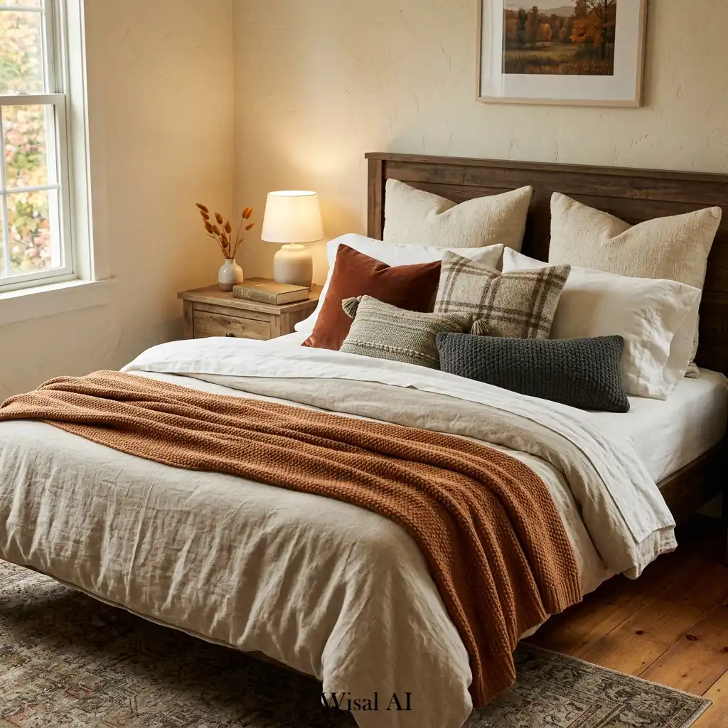 Layered pillows and cushions adding comfort to a cozy autumn retreat.