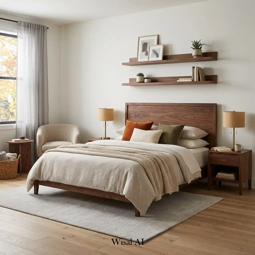 Cozy modern bedroom featuring rich walnut wood furniture accents.