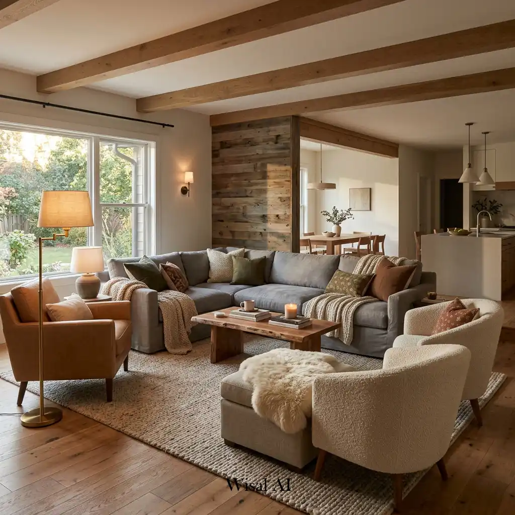 Cozy open concept living room with layered textiles and warm lighting