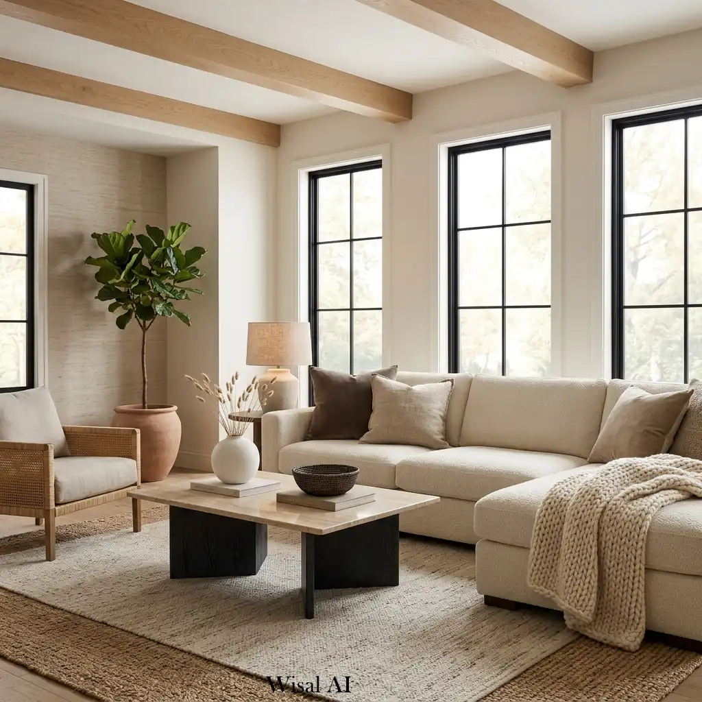 Elegant living room layered with rich textures including boucle, linen, wool, and wood.