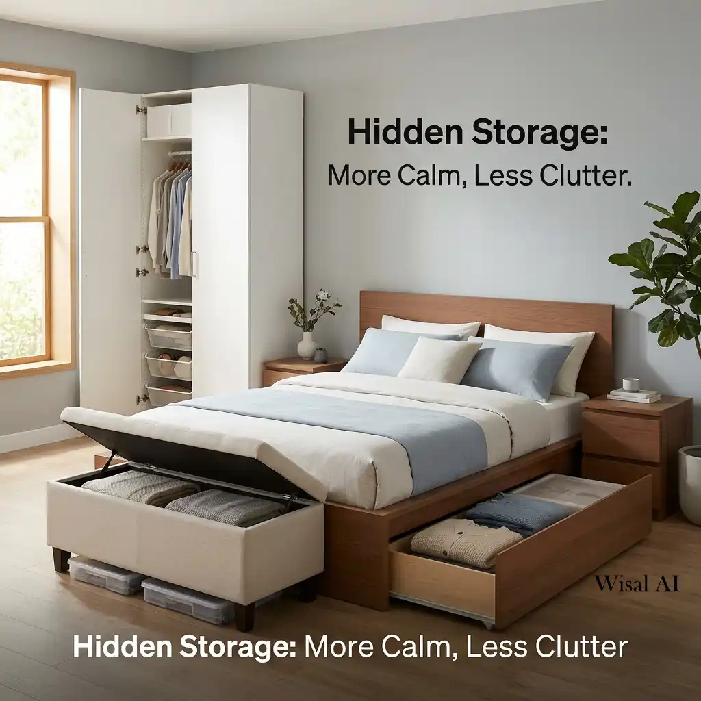 Well-organized bedroom featuring hidden storage solutions that keep the space tidy and clutter-free.