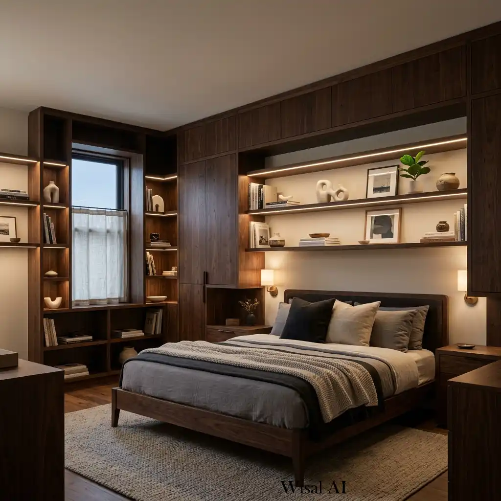 Custom-built dark wood shelving in a modern luxury bedroom.