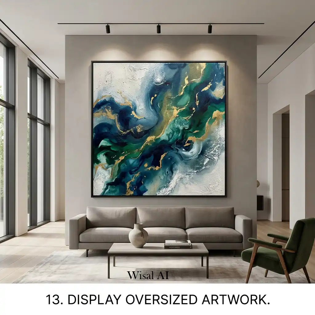 Oversized abstract artwork above a contemporary sofa.