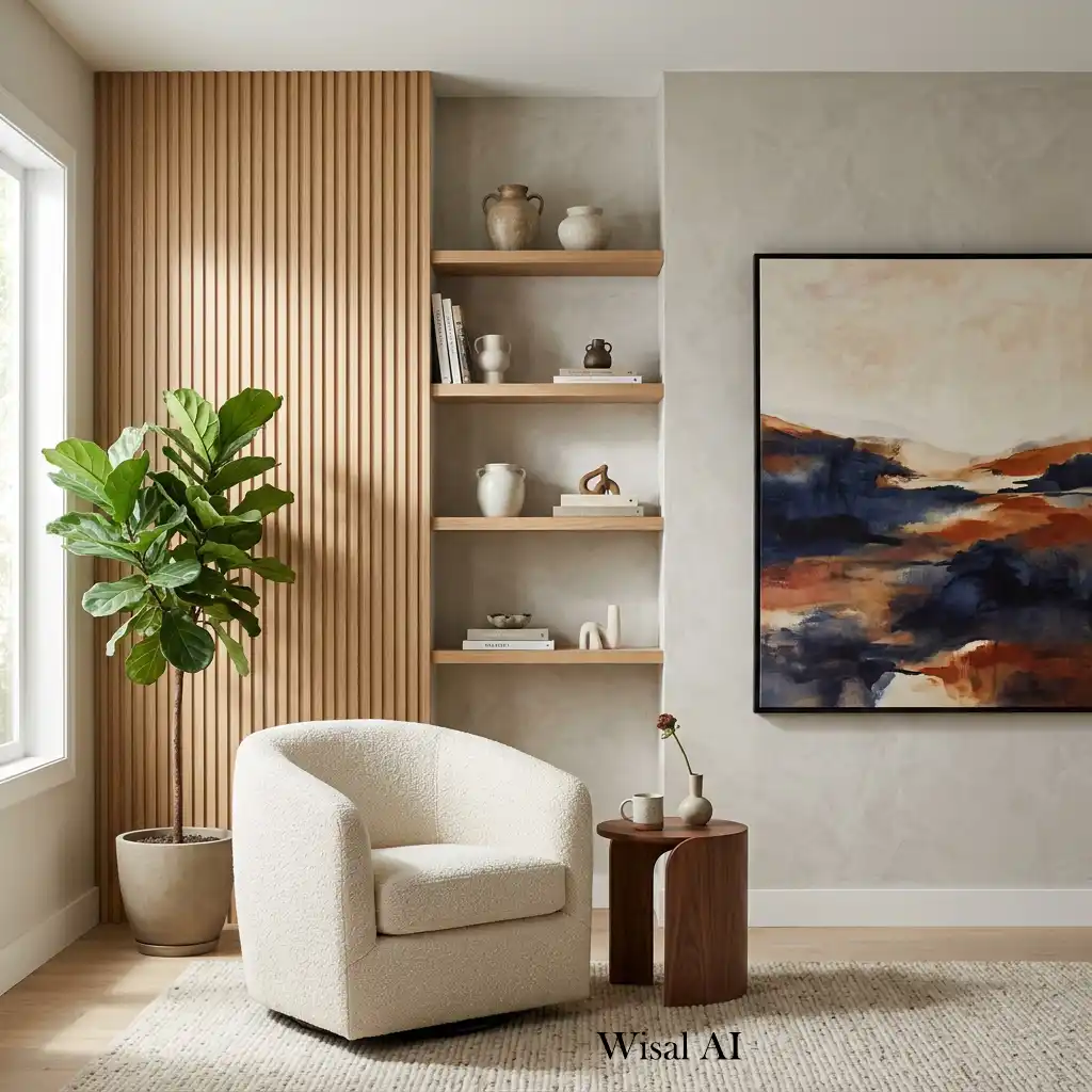 Elegant living room with wall paneling and oversized framed artwork.