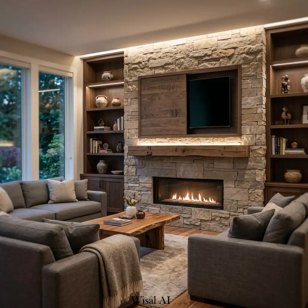 Luxury fireplace wall featuring concealed television integration and custom cabinetry