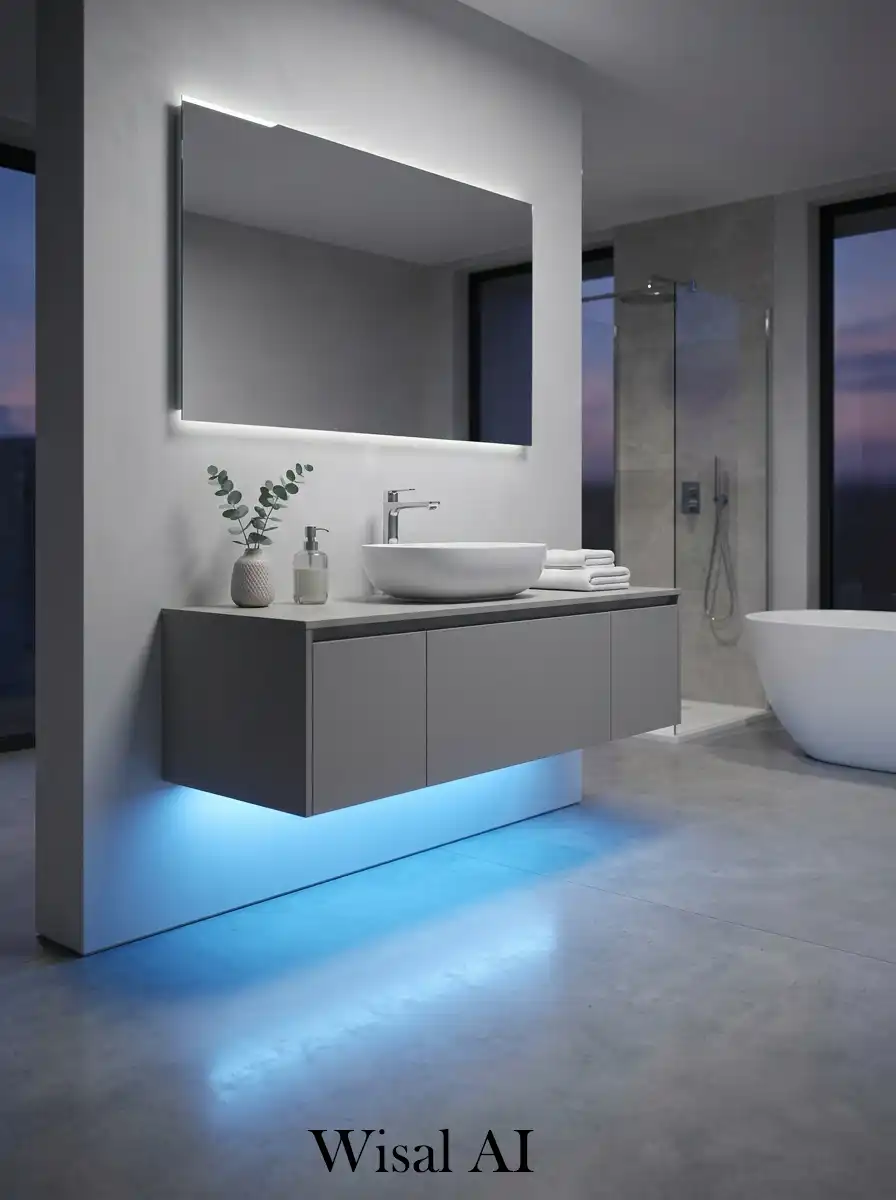 Floating grey vanity with blue under glow lighting