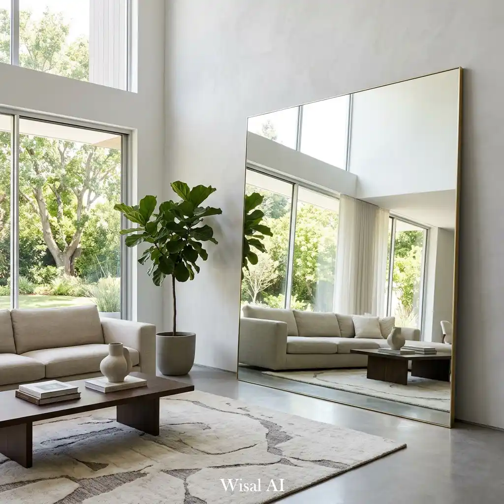 Spacious living room with large floor mirror enhancing light and depth