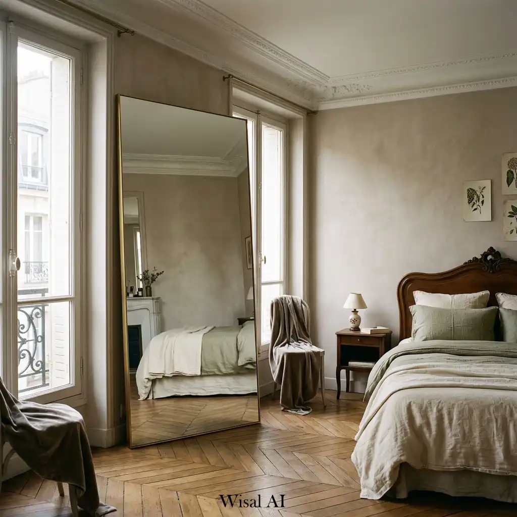 Spacious bedroom with large floor mirror enhancing light and depth