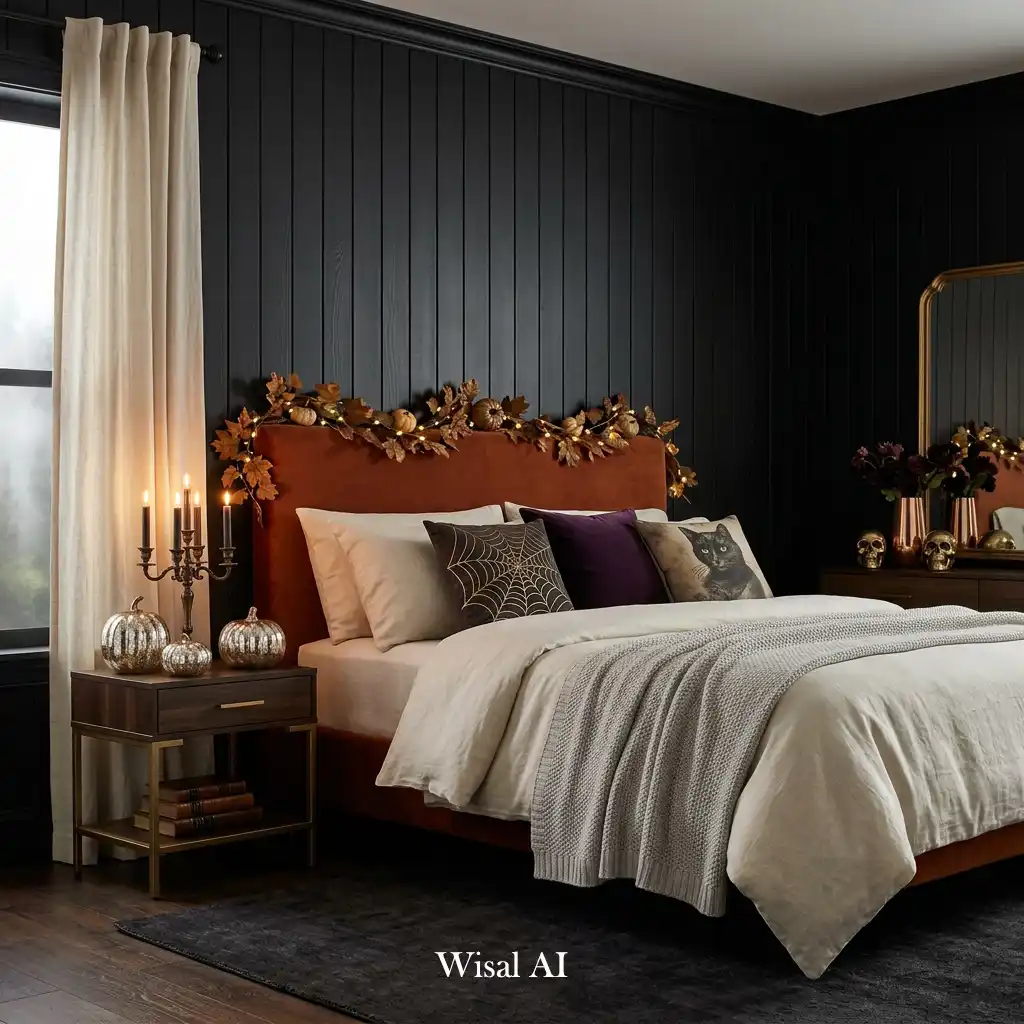 Dark moody bedroom with black wood paneling and sophisticated styling.