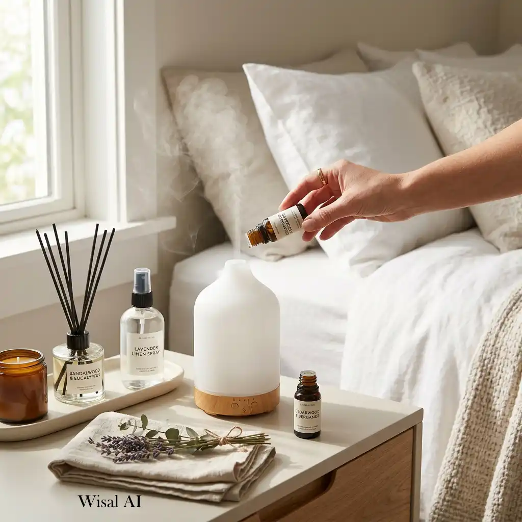 Relaxing bedroom enhanced with scented candles and calming decorative fragrance accents.