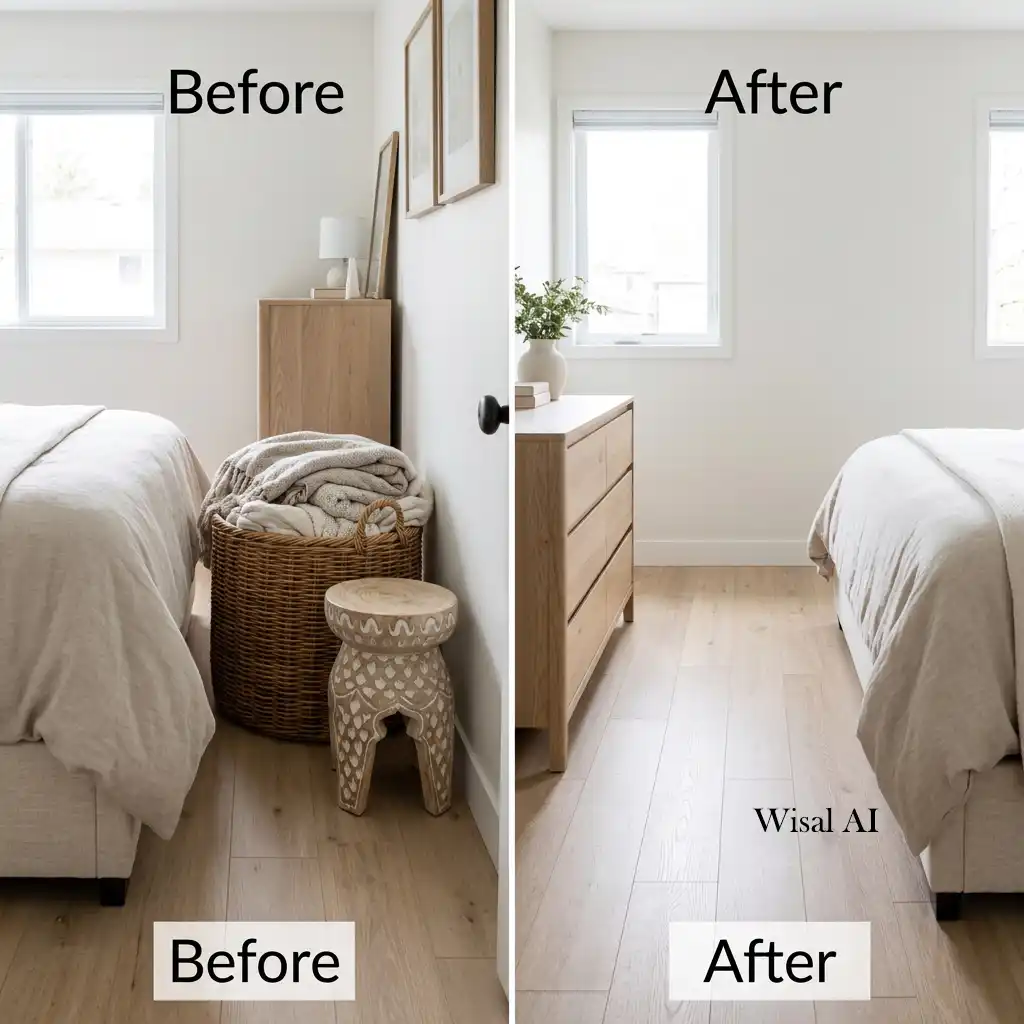 Bright bedroom incorporating reflective surfaces, glass accents, and elegant metallic finishes.