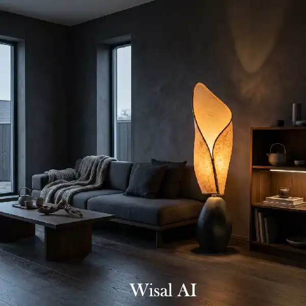 Cozy evening living room with soft warm lighting mood