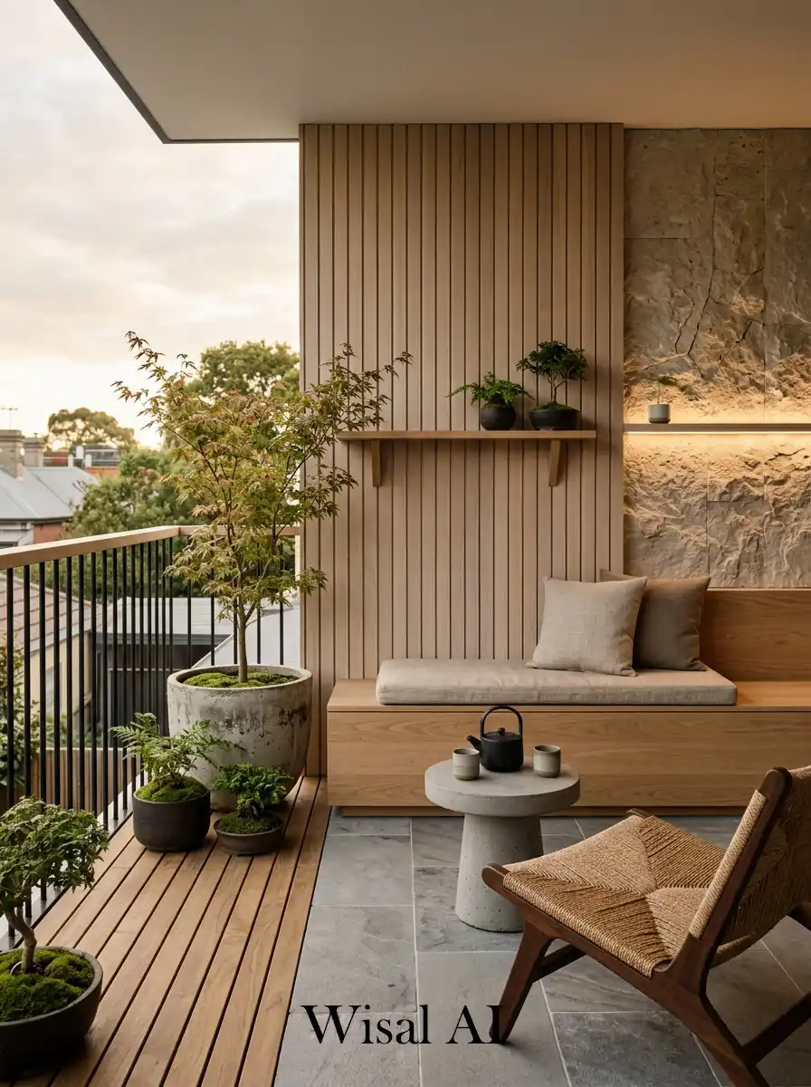 Natural balcony combining matte stone surfaces with warm wooden elements in a balanced Japandi style.