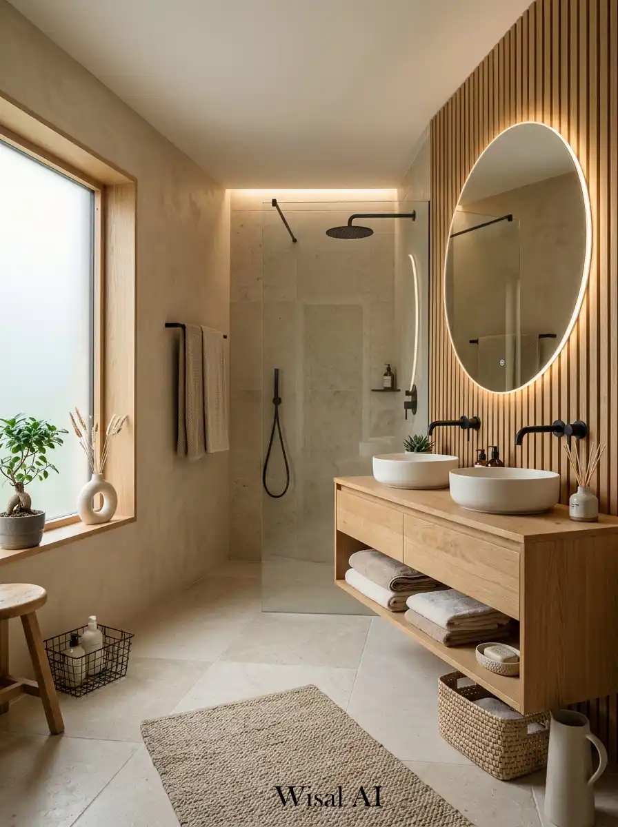 13. Japandi Bathroom with Wooden Slat Details