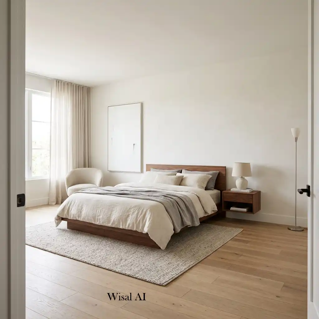 Minimalist bedroom featuring open space and carefully selected essential furniture only.