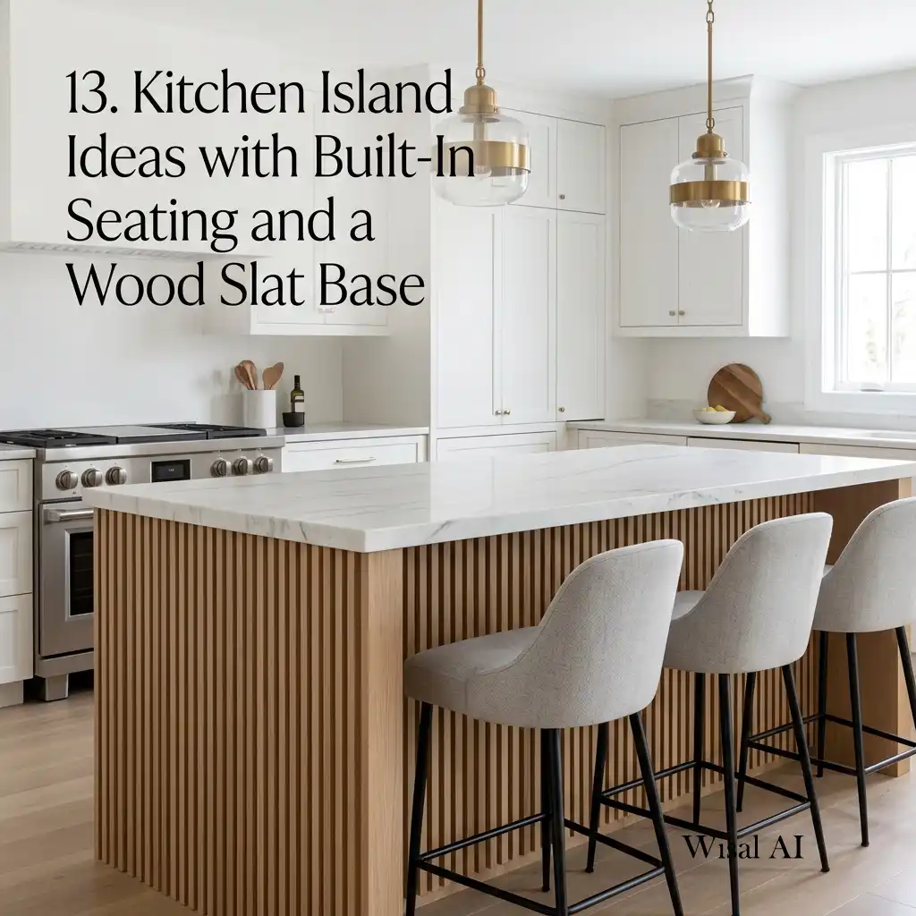 White oak kitchen island with a fluted wood base and built-in seating.