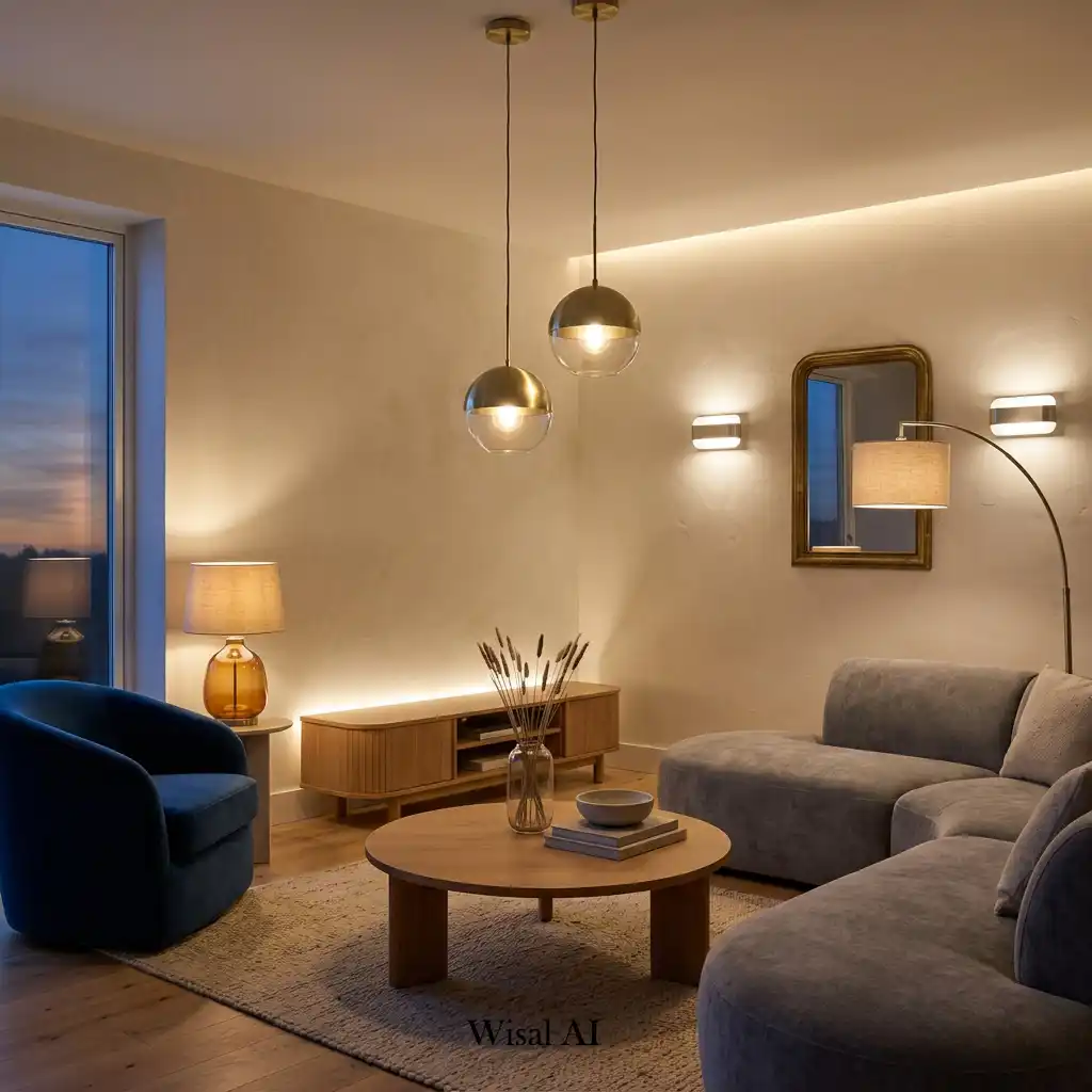 Curved furniture highlighted by layered warm ambient lighting in a luxury living room.