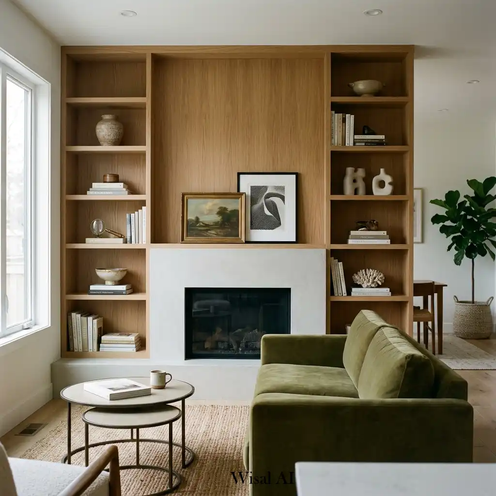 Built-in living room shelving with curated decor and books