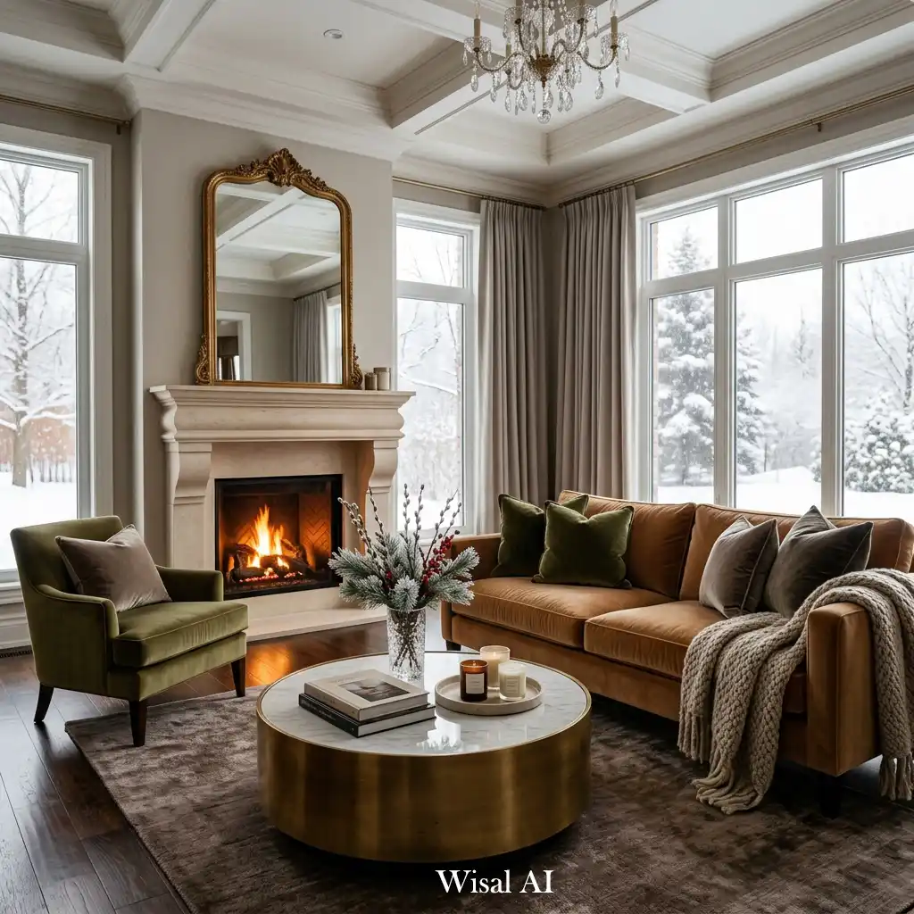 Luxury winter living room featuring rich velvet accents and soft textures.