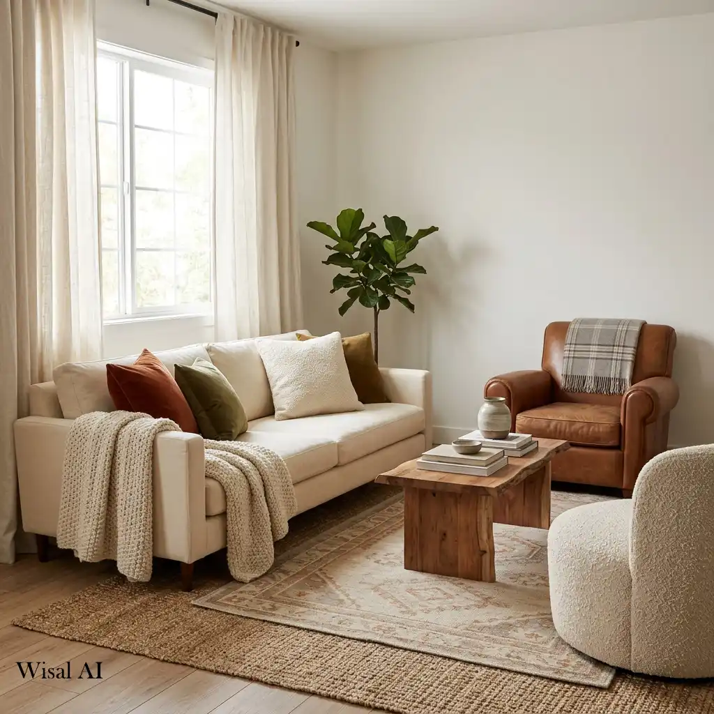 Luxury living room mixing caramel leather, velvet, and linen fabrics.