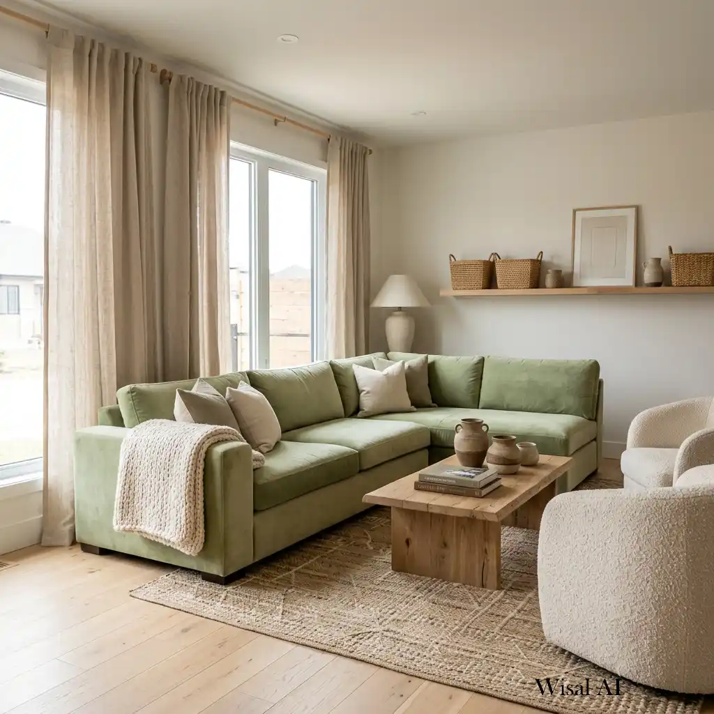 Living room mixing linen, wool, rattan, and pistachio green textures.