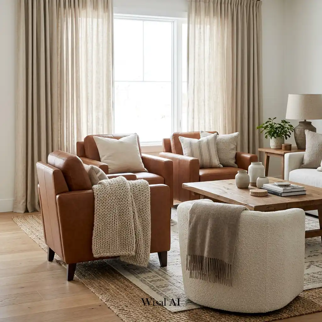 Living room mixing cinnamon brown leather, linen, wool, and wood textures.