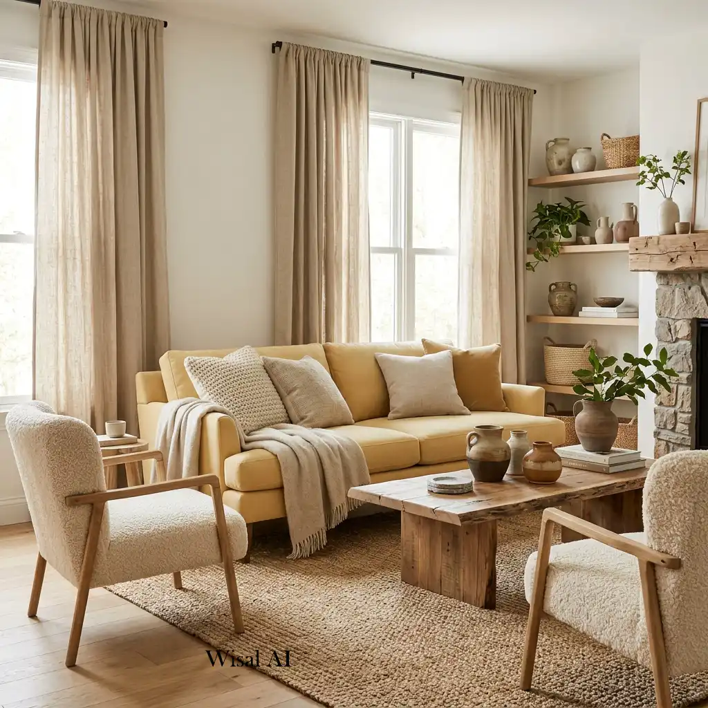 Living room combining butter yellow upholstery with linen, wool, and woven textures.