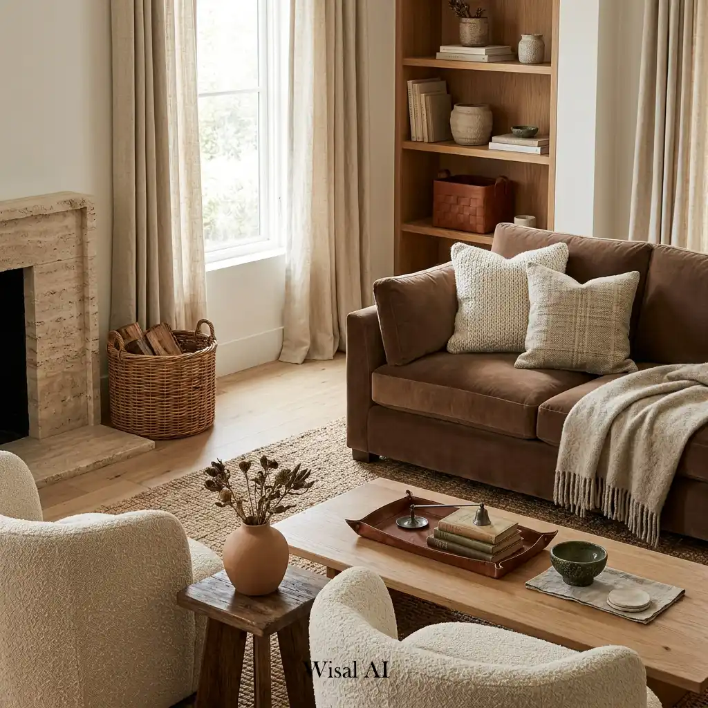 Living room combining Mocha Mousse upholstery with linen, leather, and wool textures.