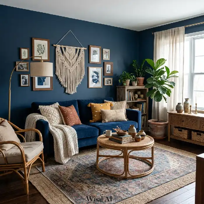 Open space living room with moody blue sectional and modern layout design